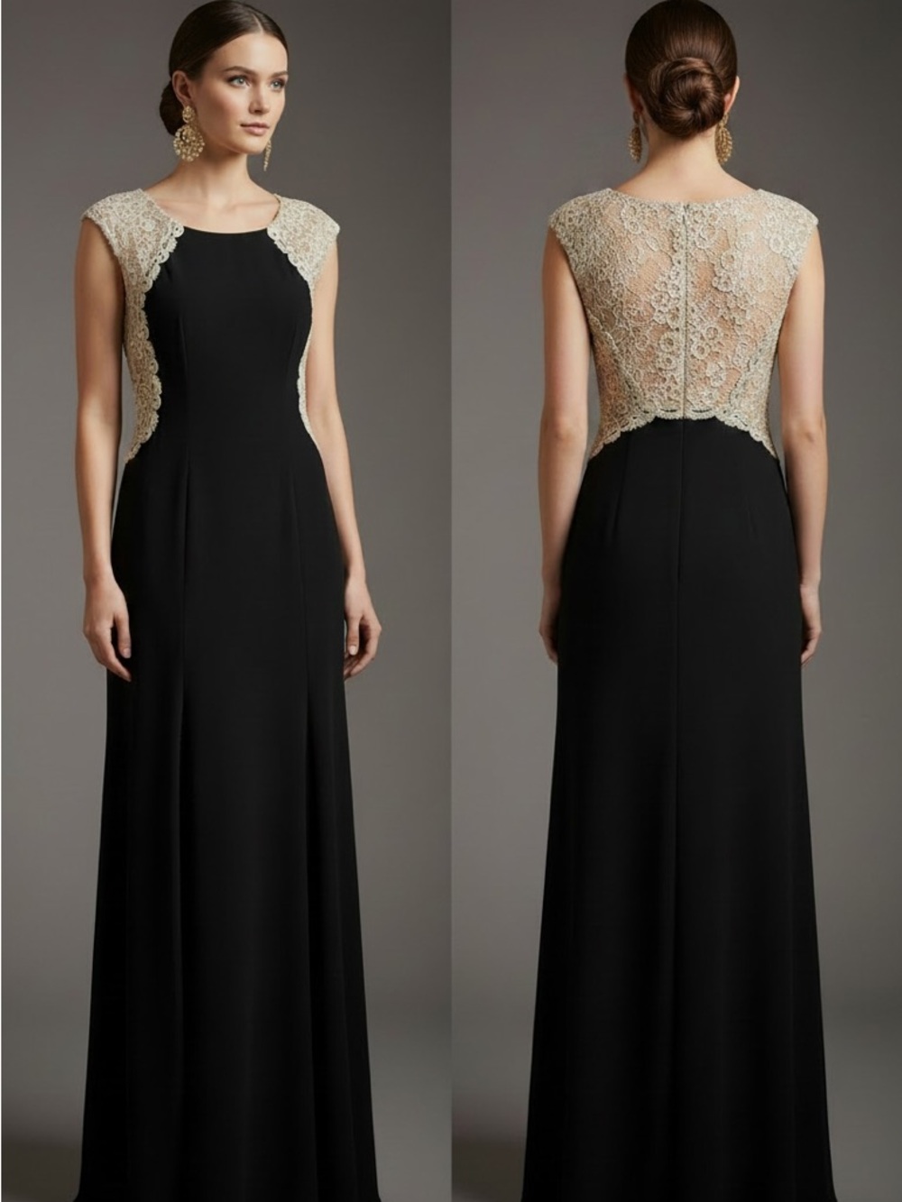 Xscape Black Maxi Dress with Cream Lace Back and Cap Sleeves - Ms. Classy